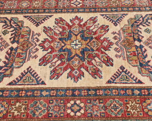 12 Feet Beige Kazak Afghan Hand Knotted Wool Runner Rug